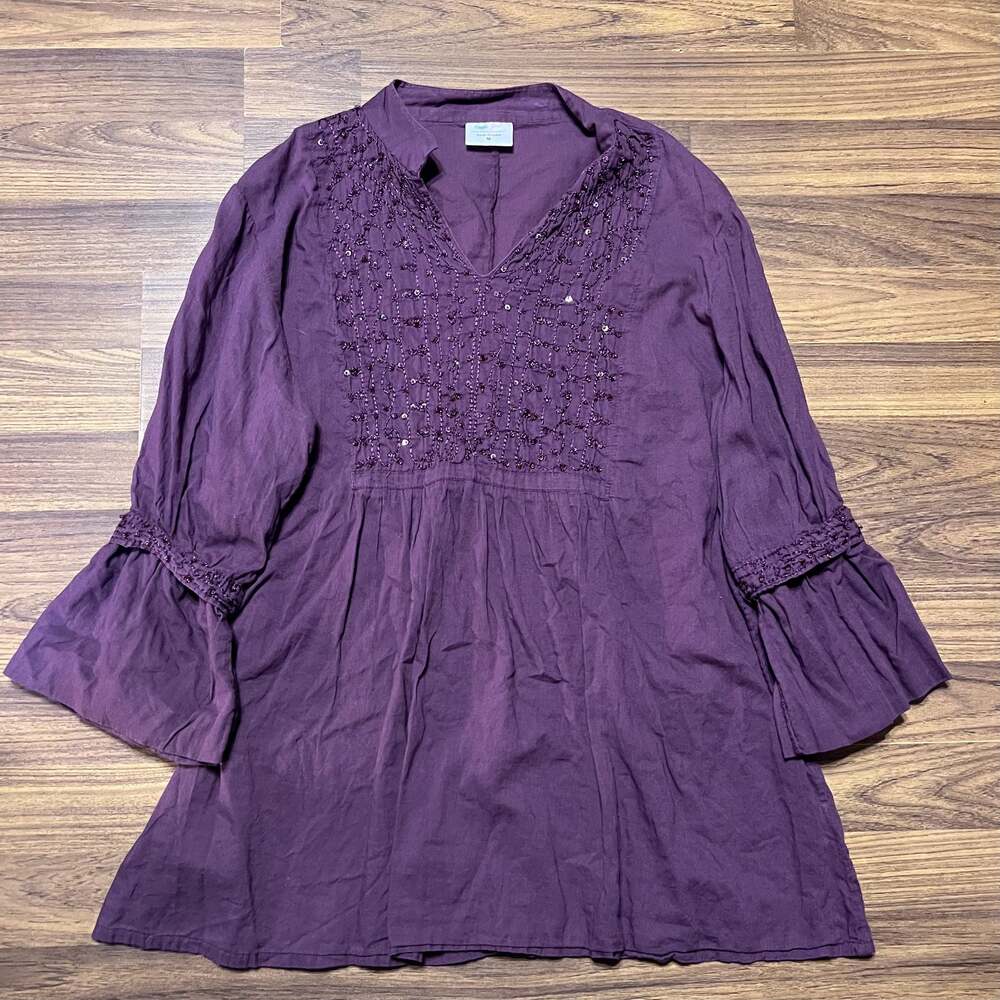 Greater Good Women's Purple Beaded Sequin Embroidered Bell Sleeve Tunic Top